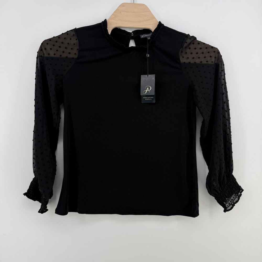 Adrianna Papell Top Womens M Black Sheer Swiss Dot Sleeve Ruffle Neck NWT - Picture 2 of 9